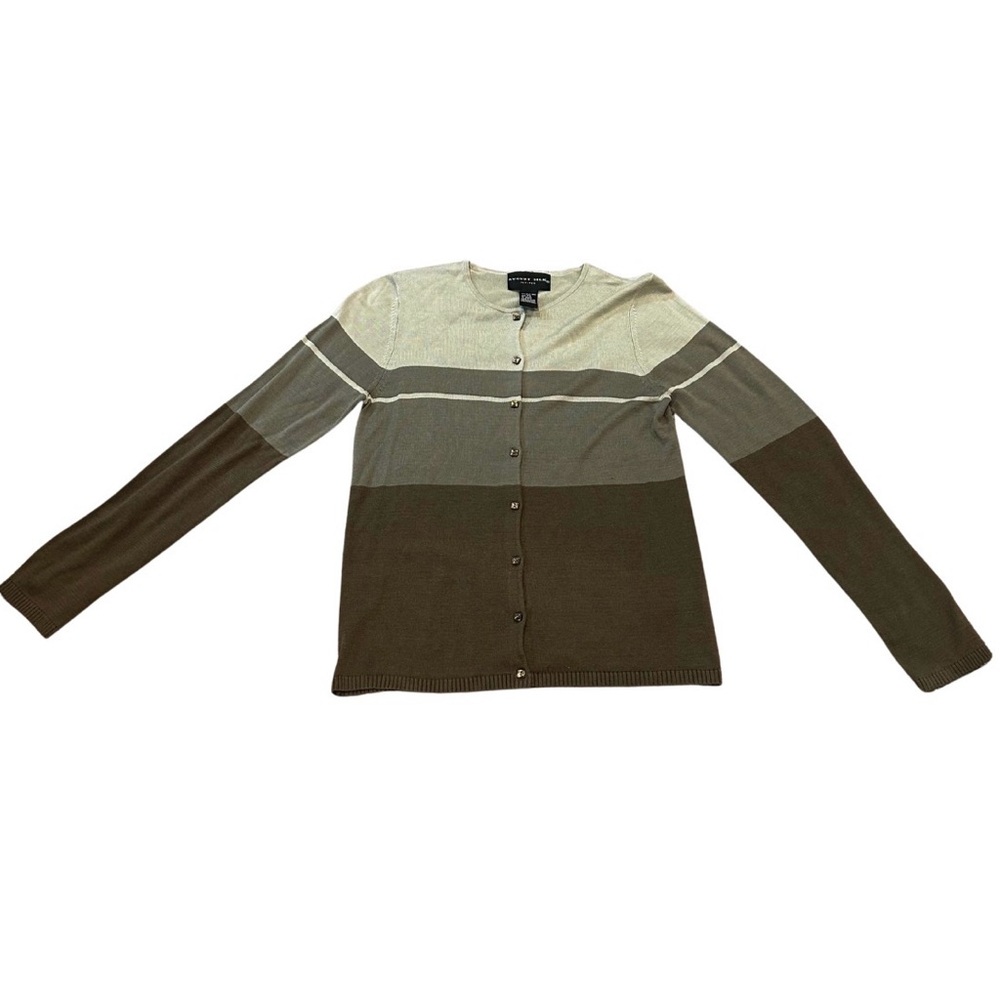 August Silk Striped Color Block 100% Silk Cardigan | Green/Multi | Small Petite